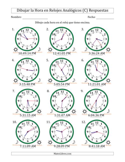 La hoja de ejercicios de Representar la Hora en Relojes Analógicos de 12 Horas en Intervalos de 1 Segundo (12 Relojes) (C) Página 2