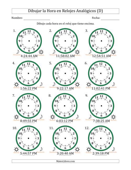 La hoja de ejercicios de Representar la Hora en Relojes Analógicos de 12 Horas en Intervalos de 1 Segundo (12 Relojes) (D)