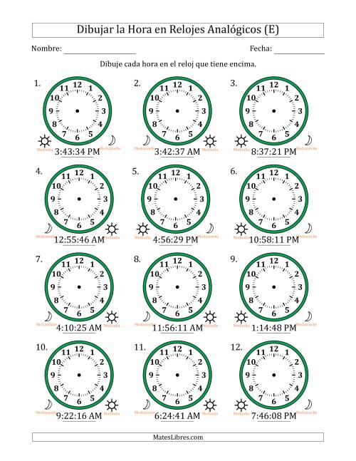 La hoja de ejercicios de Representar la Hora en Relojes Analógicos de 12 Horas en Intervalos de 1 Segundo (12 Relojes) (E)