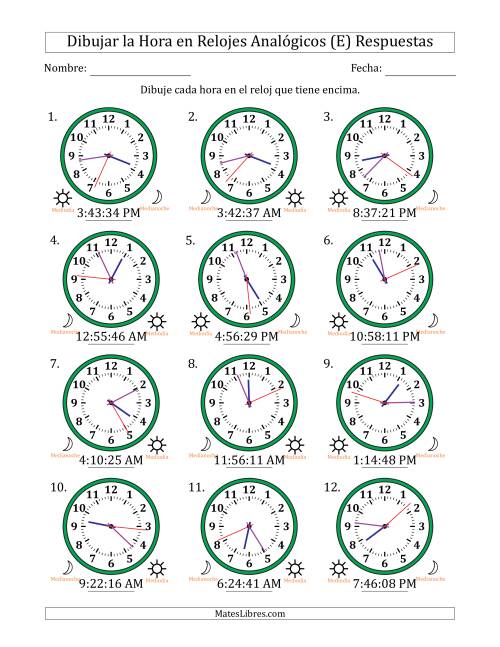 La hoja de ejercicios de Representar la Hora en Relojes Analógicos de 12 Horas en Intervalos de 1 Segundo (12 Relojes) (E) Página 2