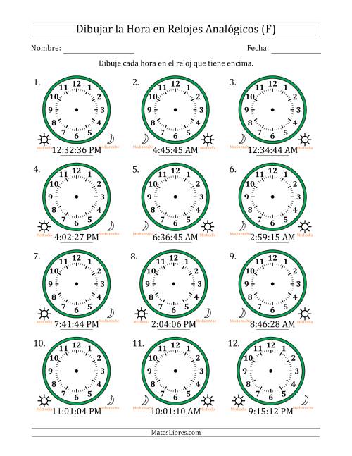 La hoja de ejercicios de Representar la Hora en Relojes Analógicos de 12 Horas en Intervalos de 1 Segundo (12 Relojes) (F)