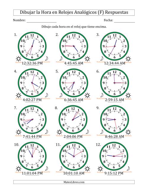 La hoja de ejercicios de Representar la Hora en Relojes Analógicos de 12 Horas en Intervalos de 1 Segundo (12 Relojes) (F) Página 2