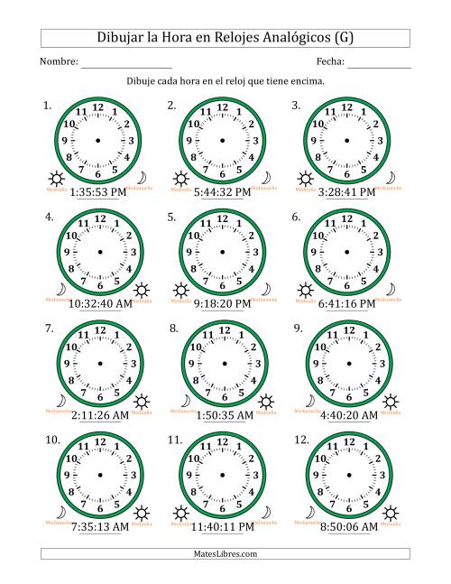 La hoja de ejercicios de Representar la Hora en Relojes Analógicos de 12 Horas en Intervalos de 1 Segundo (12 Relojes) (G)