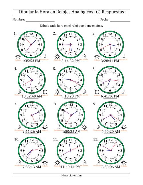 La hoja de ejercicios de Representar la Hora en Relojes Analógicos de 12 Horas en Intervalos de 1 Segundo (12 Relojes) (G) Página 2