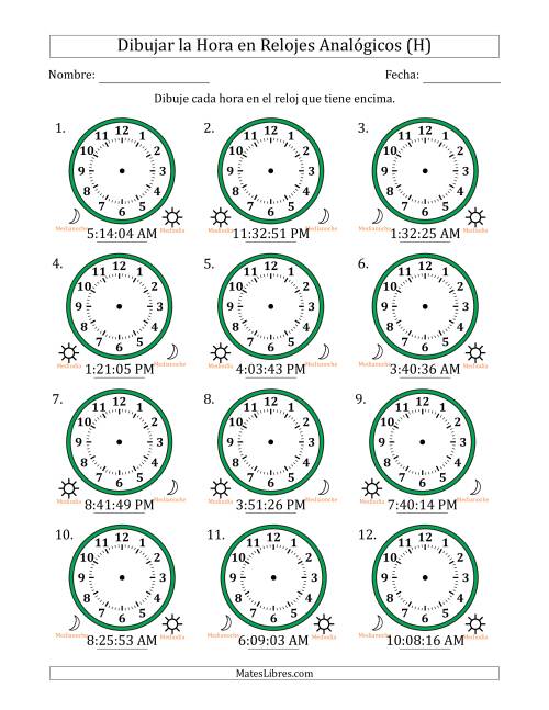 La hoja de ejercicios de Representar la Hora en Relojes Analógicos de 12 Horas en Intervalos de 1 Segundo (12 Relojes) (H)