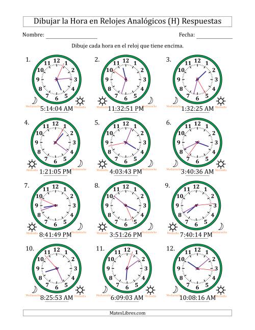 La hoja de ejercicios de Representar la Hora en Relojes Analógicos de 12 Horas en Intervalos de 1 Segundo (12 Relojes) (H) Página 2