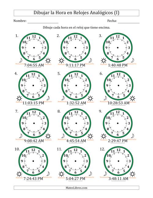 La hoja de ejercicios de Representar la Hora en Relojes Analógicos de 12 Horas en Intervalos de 1 Segundo (12 Relojes) (I)