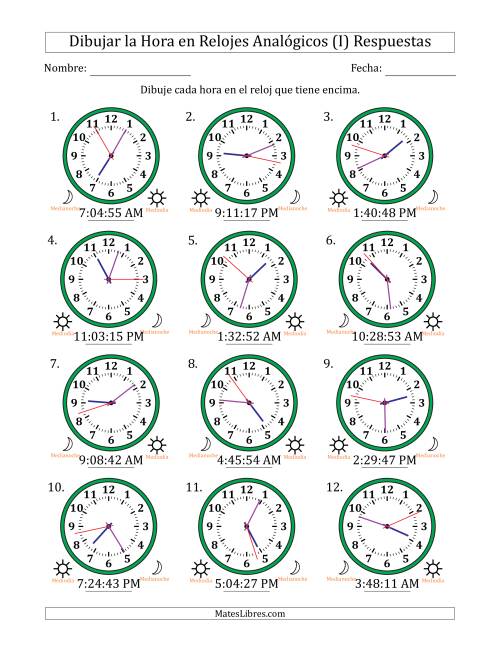 La hoja de ejercicios de Representar la Hora en Relojes Analógicos de 12 Horas en Intervalos de 1 Segundo (12 Relojes) (I) Página 2