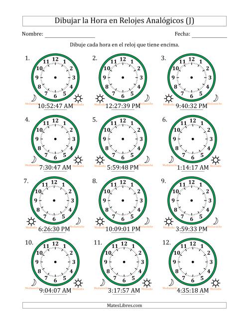 La hoja de ejercicios de Representar la Hora en Relojes Analógicos de 12 Horas en Intervalos de 1 Segundo (12 Relojes) (J)