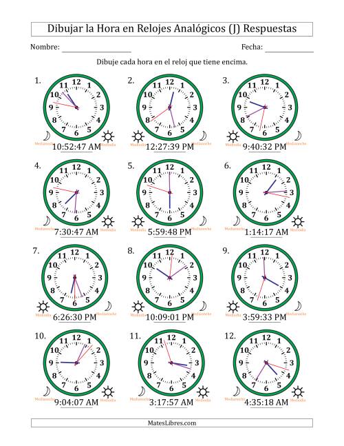 La hoja de ejercicios de Representar la Hora en Relojes Analógicos de 12 Horas en Intervalos de 1 Segundo (12 Relojes) (J) Página 2