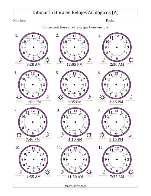 La hoja de ejercicios de Representar la Hora en Relojes Analógicos de 12 Horas en Intervalos de 5 Minuto (12 Relojes) (A)
