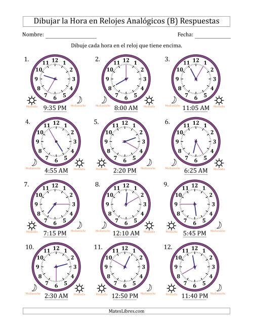 La hoja de ejercicios de Representar la Hora en Relojes Analógicos de 12 Horas en Intervalos de 5 Minuto (12 Relojes) (B) Página 2