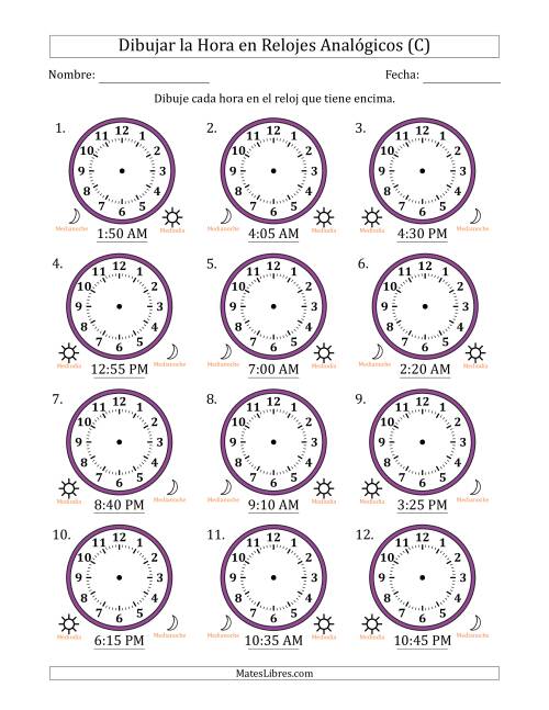 La hoja de ejercicios de Representar la Hora en Relojes Analógicos de 12 Horas en Intervalos de 5 Minuto (12 Relojes) (C)
