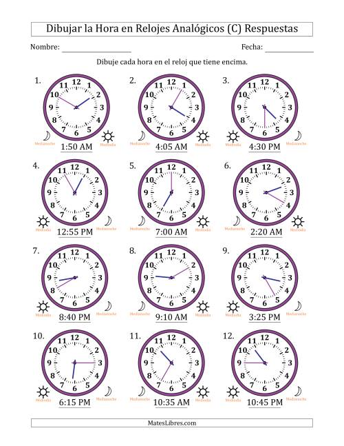 La hoja de ejercicios de Representar la Hora en Relojes Analógicos de 12 Horas en Intervalos de 5 Minuto (12 Relojes) (C) Página 2