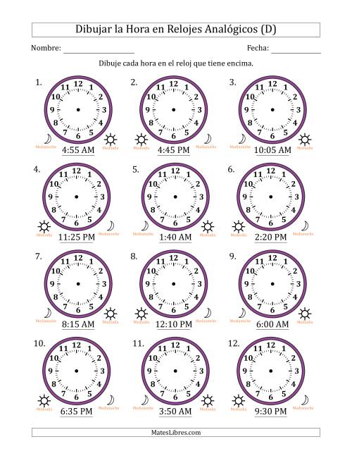La hoja de ejercicios de Representar la Hora en Relojes Analógicos de 12 Horas en Intervalos de 5 Minuto (12 Relojes) (D)