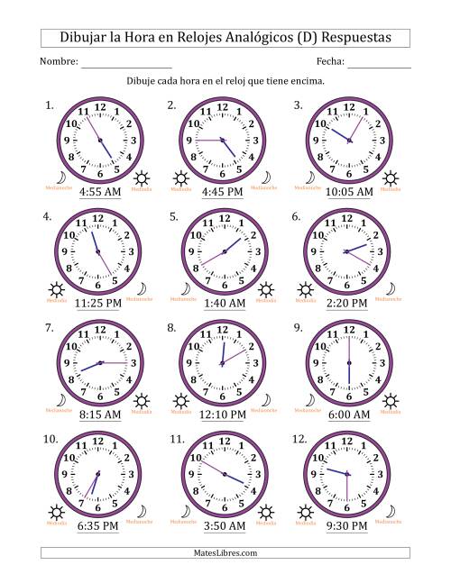 La hoja de ejercicios de Representar la Hora en Relojes Analógicos de 12 Horas en Intervalos de 5 Minuto (12 Relojes) (D) Página 2