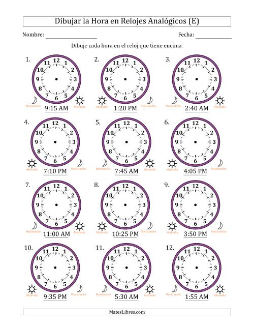 La hoja de ejercicios de Representar la Hora en Relojes Analógicos de 12 Horas en Intervalos de 5 Minuto (12 Relojes) (E)