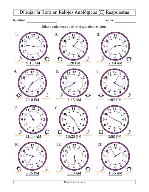 La hoja de ejercicios de Representar la Hora en Relojes Analógicos de 12 Horas en Intervalos de 5 Minuto (12 Relojes) (E) Página 2