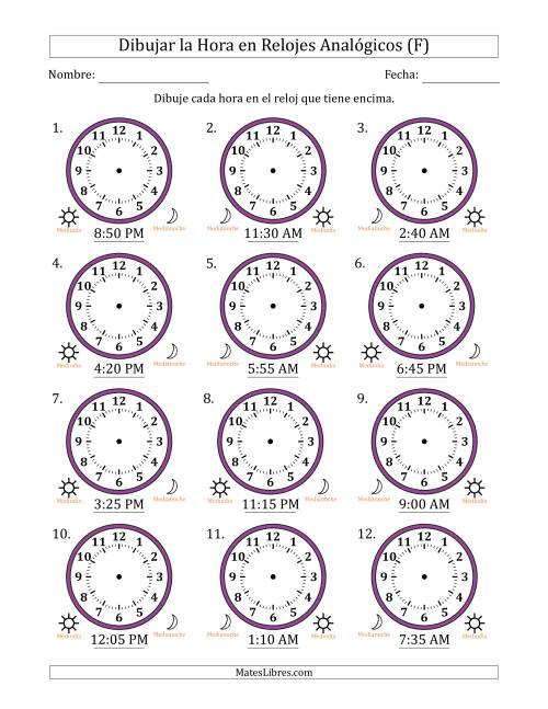 La hoja de ejercicios de Representar la Hora en Relojes Analógicos de 12 Horas en Intervalos de 5 Minuto (12 Relojes) (F)