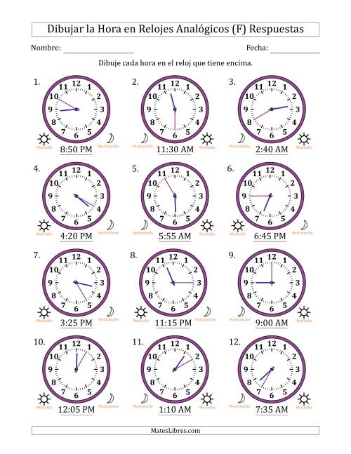 La hoja de ejercicios de Representar la Hora en Relojes Analógicos de 12 Horas en Intervalos de 5 Minuto (12 Relojes) (F) Página 2