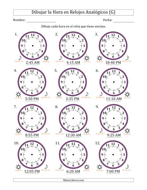 La hoja de ejercicios de Representar la Hora en Relojes Analógicos de 12 Horas en Intervalos de 5 Minuto (12 Relojes) (G)