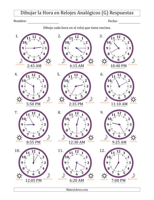 La hoja de ejercicios de Representar la Hora en Relojes Analógicos de 12 Horas en Intervalos de 5 Minuto (12 Relojes) (G) Página 2