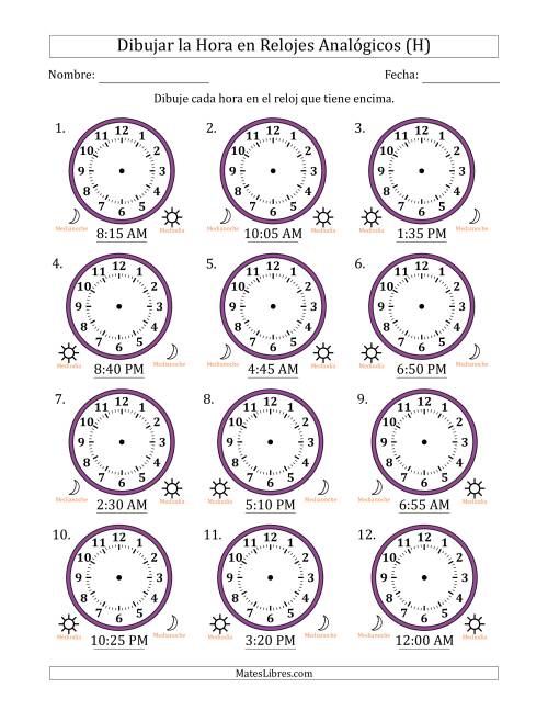 La hoja de ejercicios de Representar la Hora en Relojes Analógicos de 12 Horas en Intervalos de 5 Minuto (12 Relojes) (H)