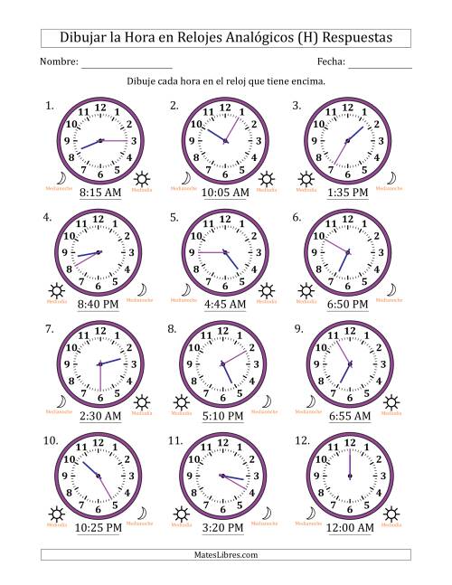 La hoja de ejercicios de Representar la Hora en Relojes Analógicos de 12 Horas en Intervalos de 5 Minuto (12 Relojes) (H) Página 2