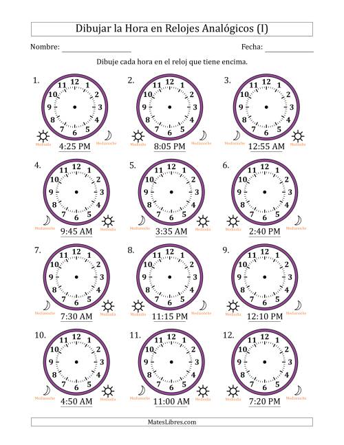 La hoja de ejercicios de Representar la Hora en Relojes Analógicos de 12 Horas en Intervalos de 5 Minuto (12 Relojes) (I)
