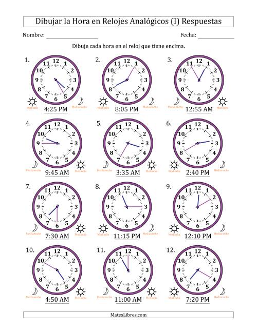 La hoja de ejercicios de Representar la Hora en Relojes Analógicos de 12 Horas en Intervalos de 5 Minuto (12 Relojes) (I) Página 2
