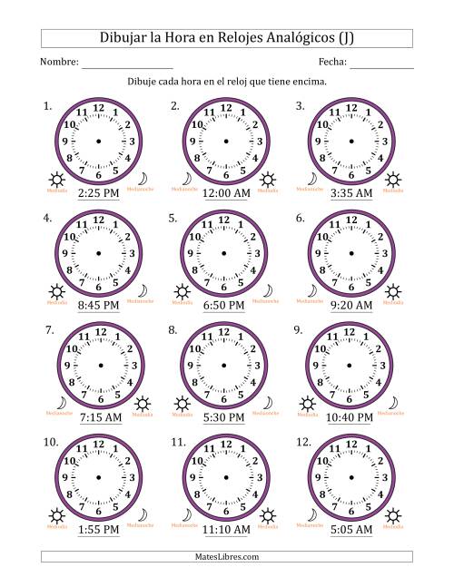 La hoja de ejercicios de Representar la Hora en Relojes Analógicos de 12 Horas en Intervalos de 5 Minuto (12 Relojes) (J)