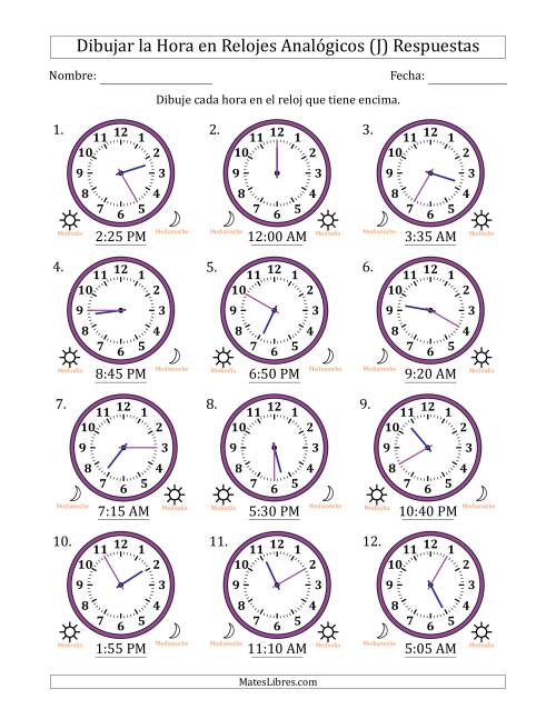La hoja de ejercicios de Representar la Hora en Relojes Analógicos de 12 Horas en Intervalos de 5 Minuto (12 Relojes) (J) Página 2