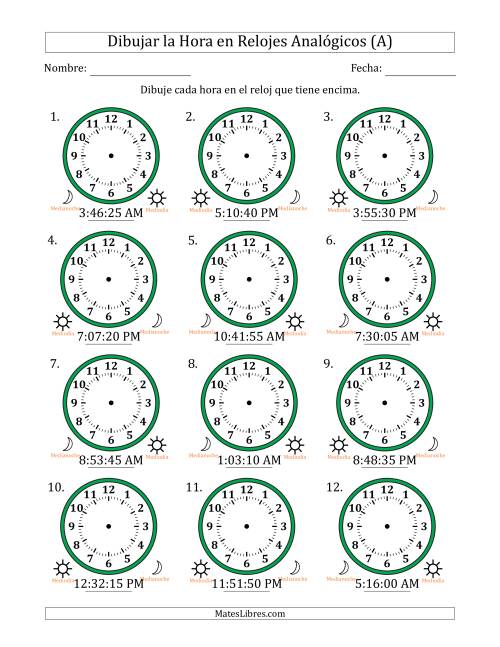 La hoja de ejercicios de Representar la Hora en Relojes Analógicos de 12 Horas en Intervalos de 5 Segundo (12 Relojes) (A)