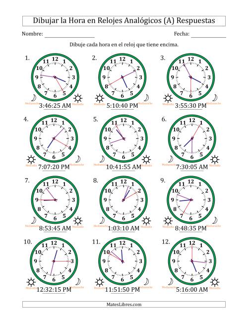 La hoja de ejercicios de Representar la Hora en Relojes Analógicos de 12 Horas en Intervalos de 5 Segundo (12 Relojes) (A) Página 2
