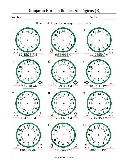 La hoja de ejercicios de Representar la Hora en Relojes Analógicos de 12 Horas en Intervalos de 5 Segundo (12 Relojes) (B)