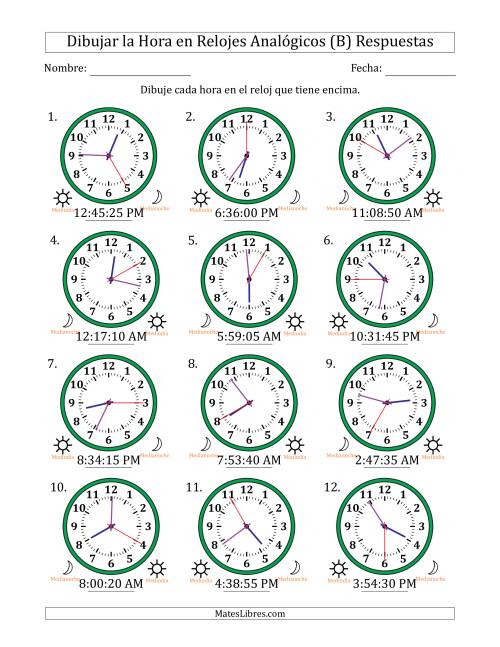 La hoja de ejercicios de Representar la Hora en Relojes Analógicos de 12 Horas en Intervalos de 5 Segundo (12 Relojes) (B) Página 2
