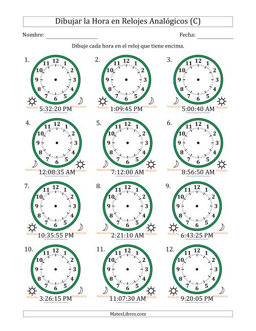 La hoja de ejercicios de Representar la Hora en Relojes Analógicos de 12 Horas en Intervalos de 5 Segundo (12 Relojes) (C)