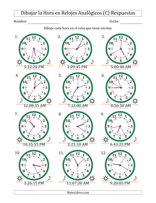 La hoja de ejercicios de Representar la Hora en Relojes Analógicos de 12 Horas en Intervalos de 5 Segundo (12 Relojes) (C) Página 2