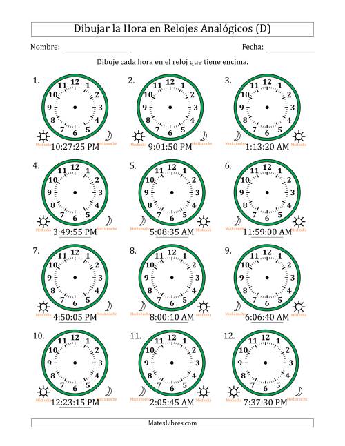 La hoja de ejercicios de Representar la Hora en Relojes Analógicos de 12 Horas en Intervalos de 5 Segundo (12 Relojes) (D)