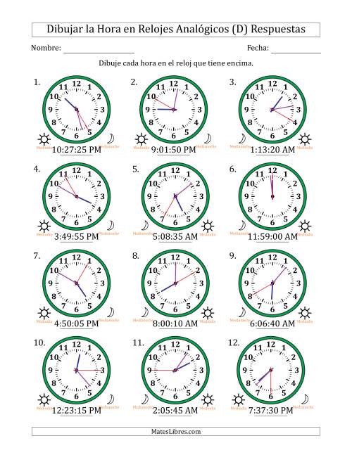 La hoja de ejercicios de Representar la Hora en Relojes Analógicos de 12 Horas en Intervalos de 5 Segundo (12 Relojes) (D) Página 2