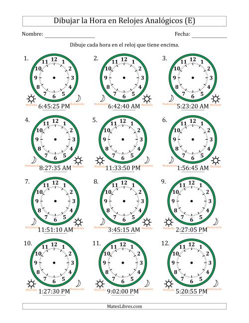 La hoja de ejercicios de Representar la Hora en Relojes Analógicos de 12 Horas en Intervalos de 5 Segundo (12 Relojes) (E)