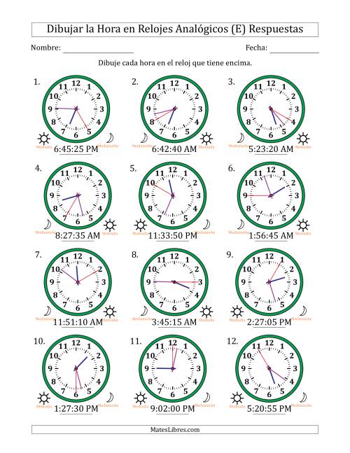 La hoja de ejercicios de Representar la Hora en Relojes Analógicos de 12 Horas en Intervalos de 5 Segundo (12 Relojes) (E) Página 2