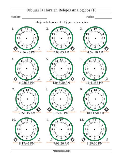 La hoja de ejercicios de Representar la Hora en Relojes Analógicos de 12 Horas en Intervalos de 5 Segundo (12 Relojes) (F)