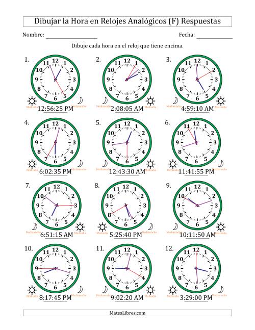 La hoja de ejercicios de Representar la Hora en Relojes Analógicos de 12 Horas en Intervalos de 5 Segundo (12 Relojes) (F) Página 2