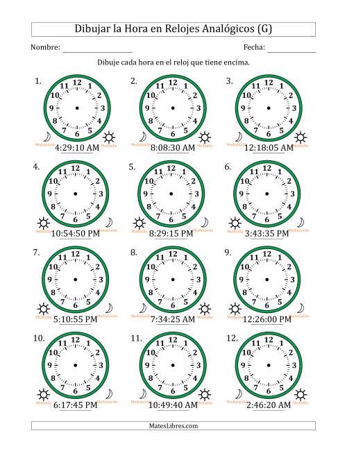 La hoja de ejercicios de Representar la Hora en Relojes Analógicos de 12 Horas en Intervalos de 5 Segundo (12 Relojes) (G)
