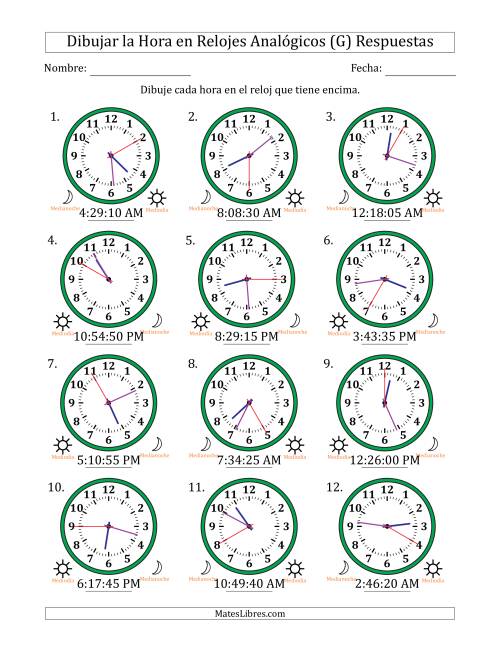La hoja de ejercicios de Representar la Hora en Relojes Analógicos de 12 Horas en Intervalos de 5 Segundo (12 Relojes) (G) Página 2