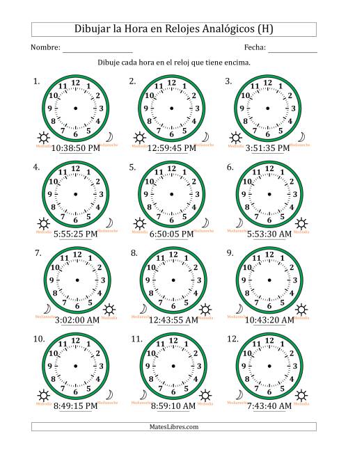 La hoja de ejercicios de Representar la Hora en Relojes Analógicos de 12 Horas en Intervalos de 5 Segundo (12 Relojes) (H)
