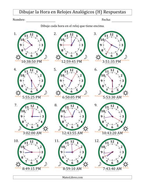 La hoja de ejercicios de Representar la Hora en Relojes Analógicos de 12 Horas en Intervalos de 5 Segundo (12 Relojes) (H) Página 2