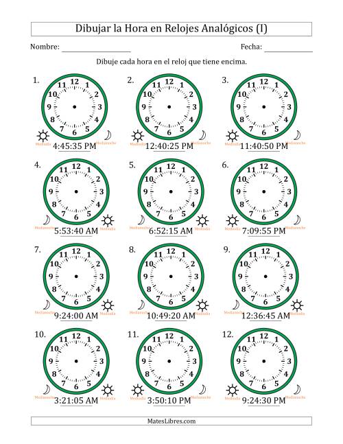 La hoja de ejercicios de Representar la Hora en Relojes Analógicos de 12 Horas en Intervalos de 5 Segundo (12 Relojes) (I)