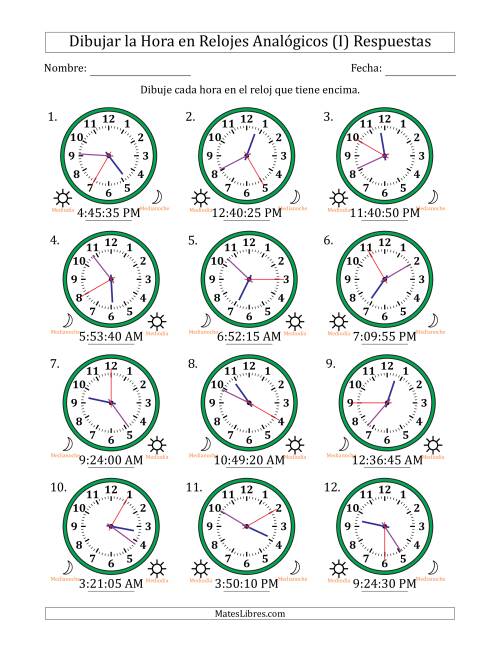 La hoja de ejercicios de Representar la Hora en Relojes Analógicos de 12 Horas en Intervalos de 5 Segundo (12 Relojes) (I) Página 2